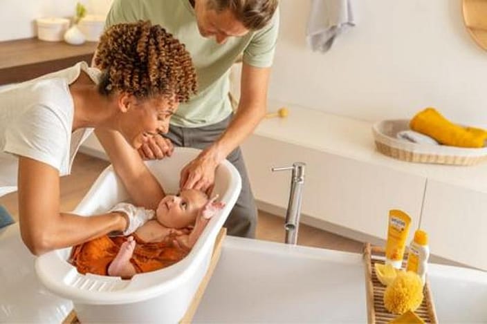 Moeder doet haar baby in bad